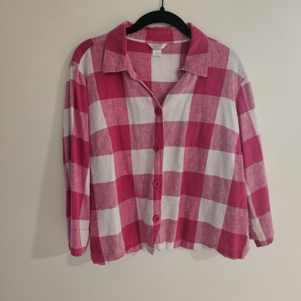 Christopher & Banks Top Women XL Plaid Button Up Pink Linen Cotton Picnic Garden